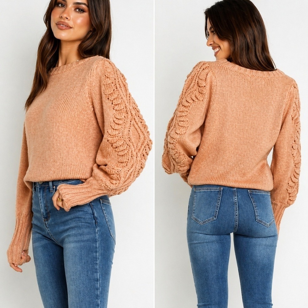 Petal + Pup Pipsa Tan Bauble Cable Knit Blouson Sleeve Sweater SZ XL Boho Chic